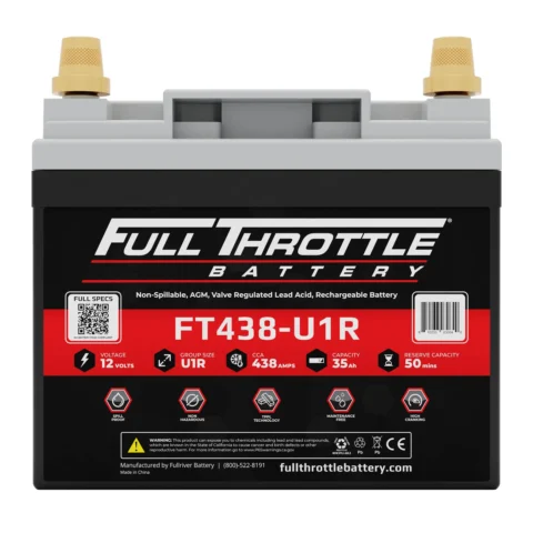 Black Full Throttle battery with red label displaying model FT438-U1R. Specs: 12 volts, 438 amps, 35 Ah capacity, U1R group size, 50 minutes reserve.