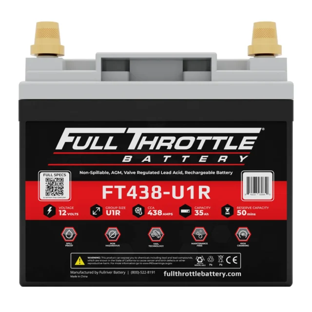 Black Full Throttle battery with red label displaying model FT438-U1R. Specs: 12 volts, 438 amps, 35 Ah capacity, U1R group size, 50 minutes reserve.