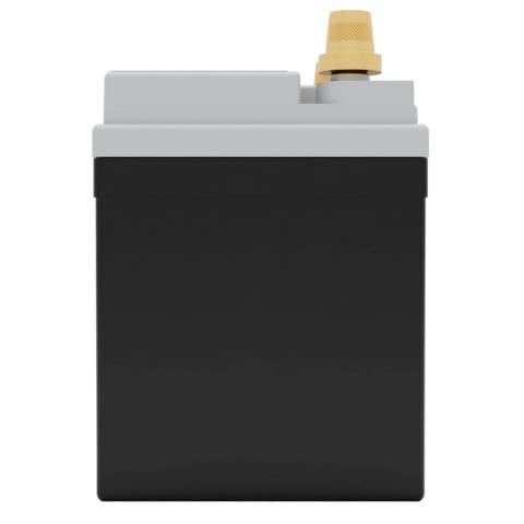 A black and gray battery with a gold terminal on top, viewed from the front.