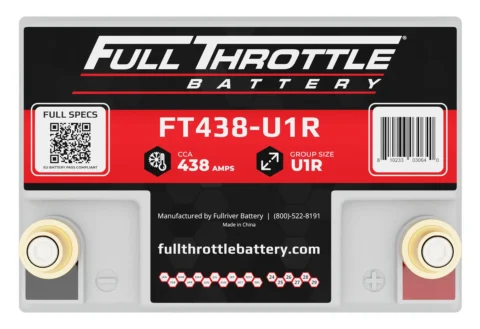 Top view of a Full Throttle car battery model FT438-U1R, showing terminals, label with QR code, specs, and contact details.