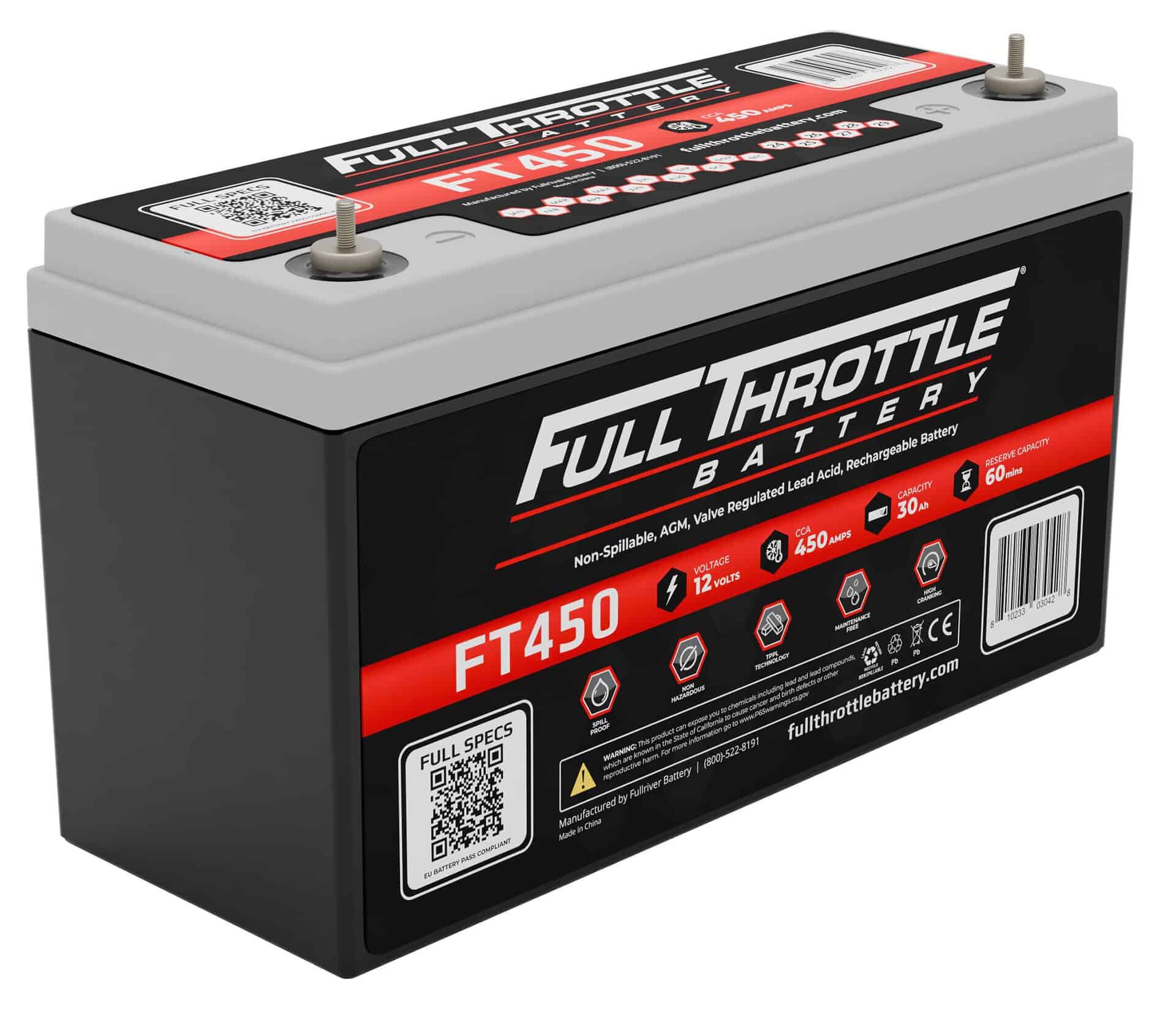 Black and gray car battery labeled "Full Throttle Battery FT450," showing specifications like voltage, capacity, and QR code.