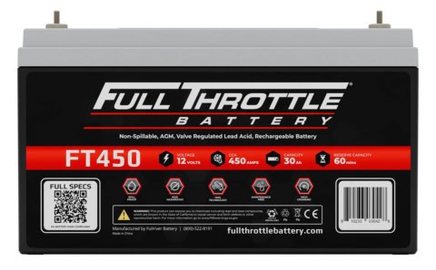 Full Throttle FT450 battery with 12 volts, 450 amps, 30 amp hours, 60-minute reserve capacity; QR code and specs on label.