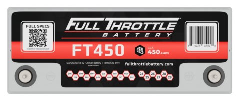 Image of a Full Throttle FT450 battery, displaying specifications including 450 CCA amps and various manufacturing details.