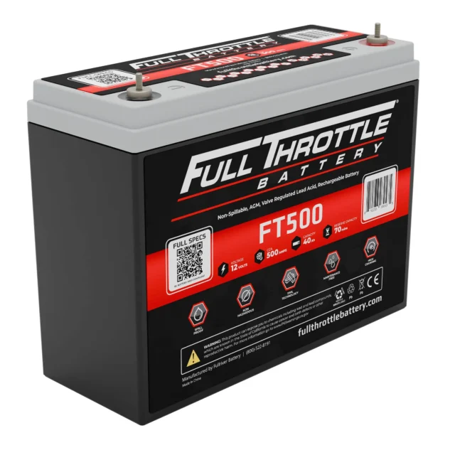 A Full Throttle FT500 battery featuring specifications, QR code, and contact information on its label.