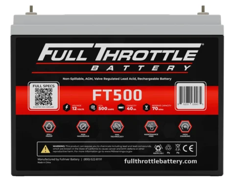 Red and black Full Throttle FT500 battery with specifications including 12 volts, 500 amps, and 40 Ah capacity. QR code and warning label visible.