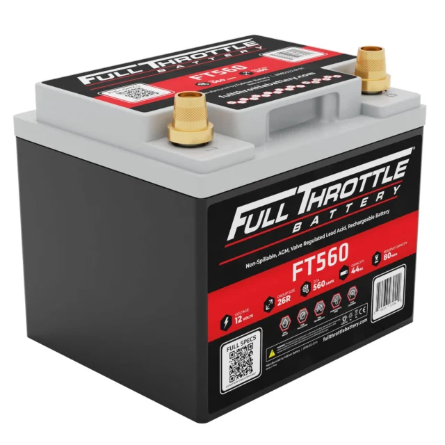 A Full Throttle FT560 battery with black casing, red label, and brass terminals on top. Features include 12 volts, 560 cold cranking amps, and 60 amp hours.