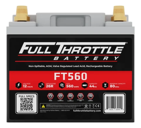 Car battery labeled "Full Throttle Battery FT560" with specifications like 12 volts, 560 amps, and 44Ah capacity.