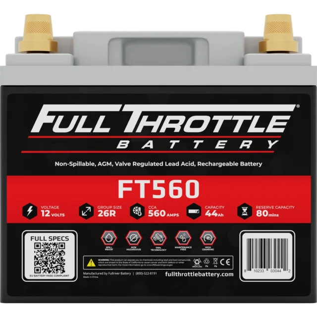 Car battery labeled "Full Throttle Battery FT560" with specifications like 12 volts, 560 amps, and 44Ah capacity.