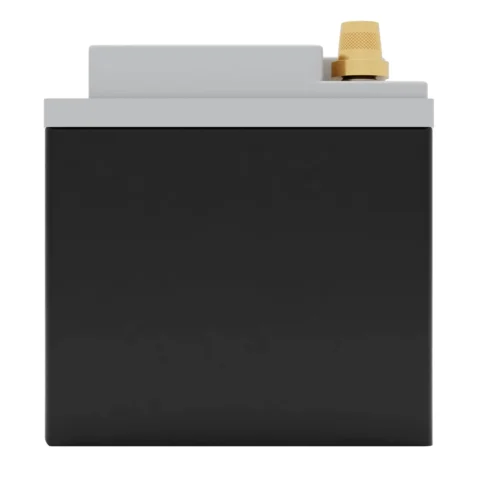 Rectangular black battery with a gray top and a brass terminal on the upper right corner.