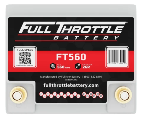 Close-up of a Full Throttle battery, model FT560, with specifications: 560 amps, Group Size 26R. Features visible branding and a barcode.