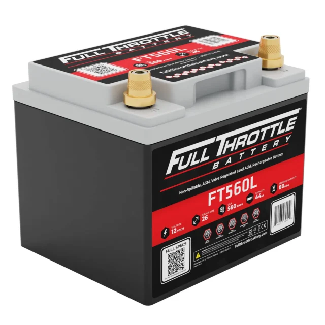 A Full Throttle FT50L battery with black and red labeling, featuring two gold-colored terminals on top.