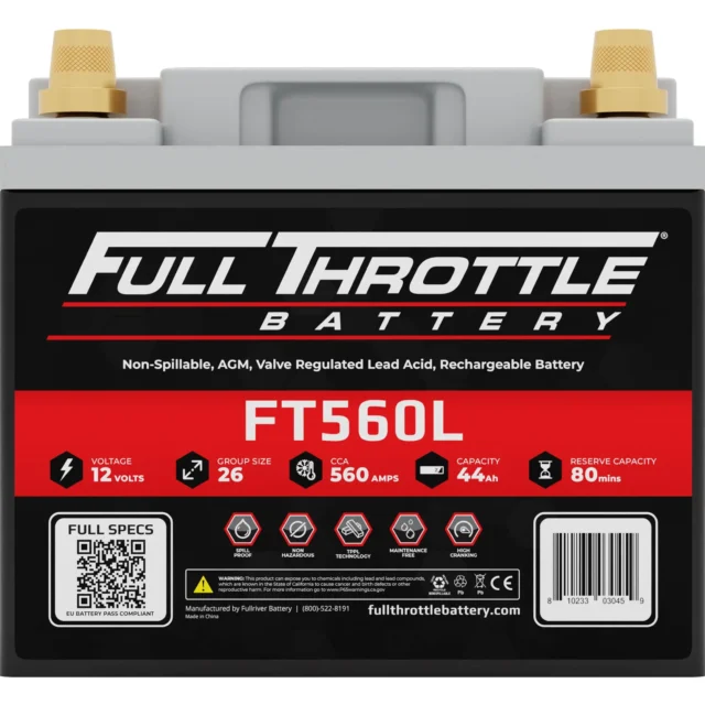 Front view of a Full Throttle FT560L battery showing specifications such as 12 volts, 560 CCA, 44 Ah capacity, and 80 minutes reserve capacity.