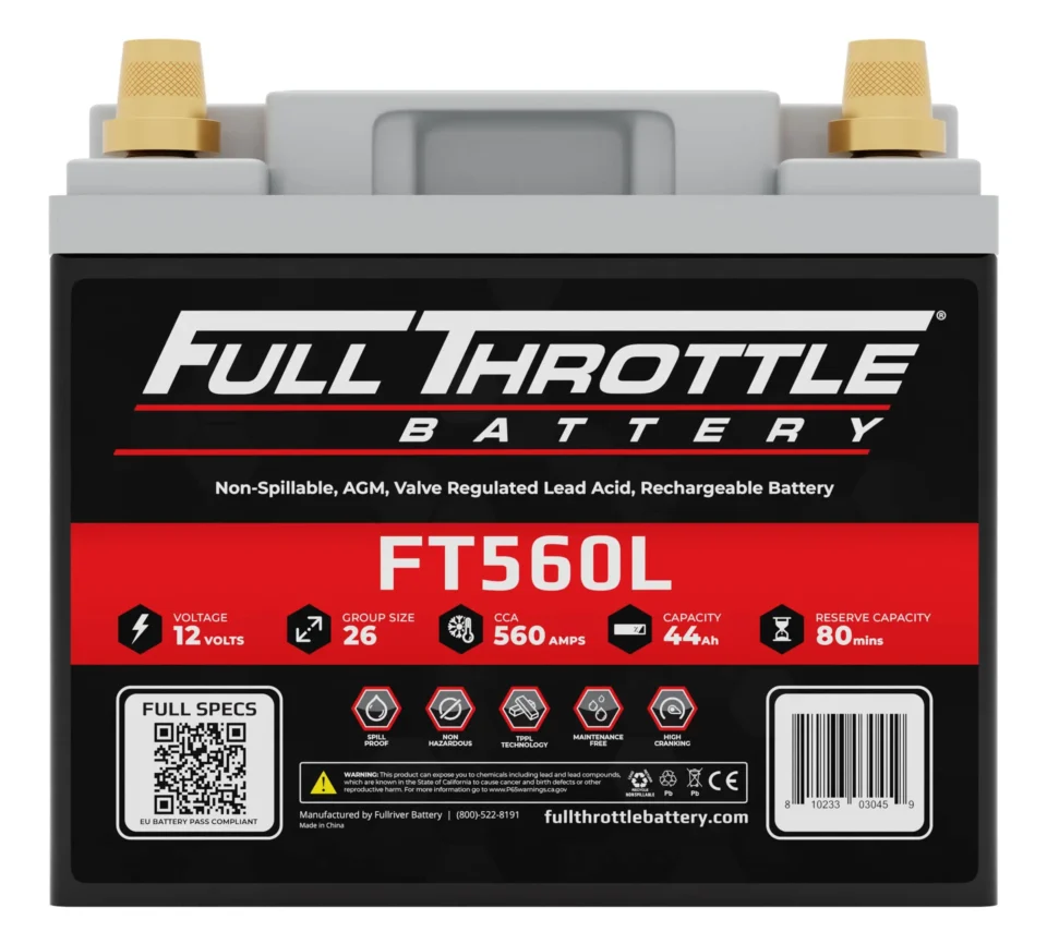 Front view of a Full Throttle FT560L battery showing specifications such as 12 volts, 560 CCA, 44 Ah capacity, and 80 minutes reserve capacity.