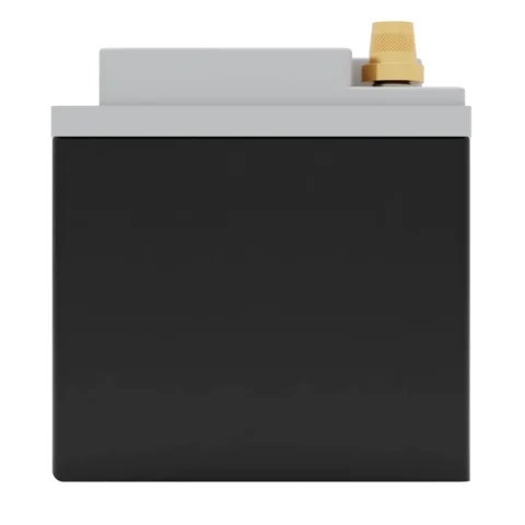 A rectangular black battery with a gray top section and a gold terminal connector on one side.