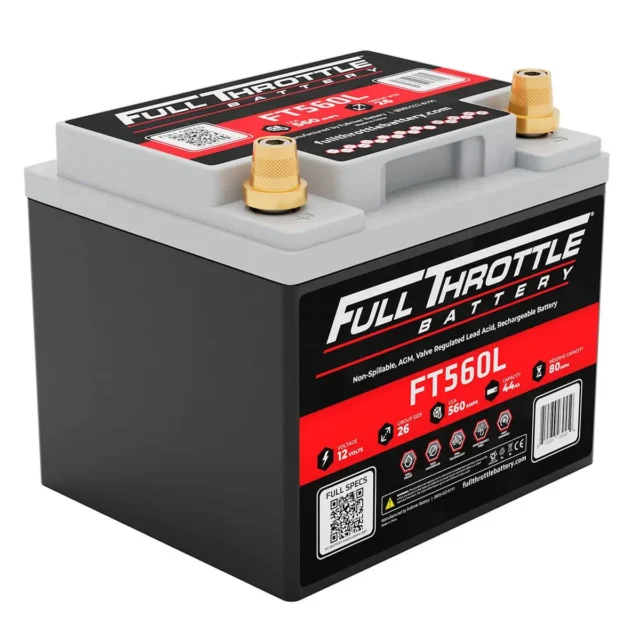 Full Throttle Battery FT560L, non-spillable AGM VRLA, with specifications on the label.