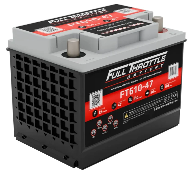 A Full Throttle FT610-47 car battery with specifications and branding visible on the casing.