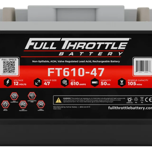 Full Throttle battery, model FT610-47. Specifications include 12 volts, group size 47, 610 CCA, 50 Ah capacity, 105 minutes reserve capacity.