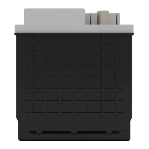 A square, black and gray plastic cartridge with a grid pattern on the front and a connector on top.