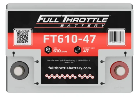 Car battery labeled "Full Throttle Battery FT610-47" with 610 amps, Group Size 47. Includes a QR code and contact information.