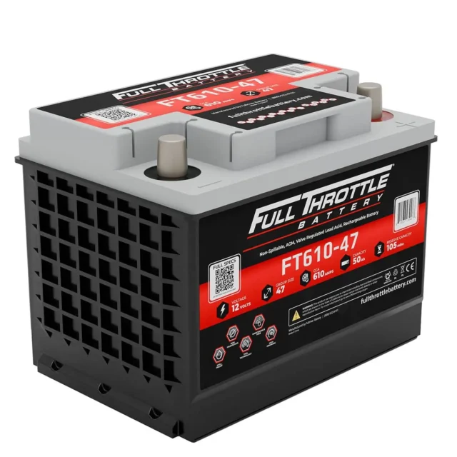 A Full Throttle FT610-47 battery with a black and gray exterior, red labels, and specifications listed on the front.