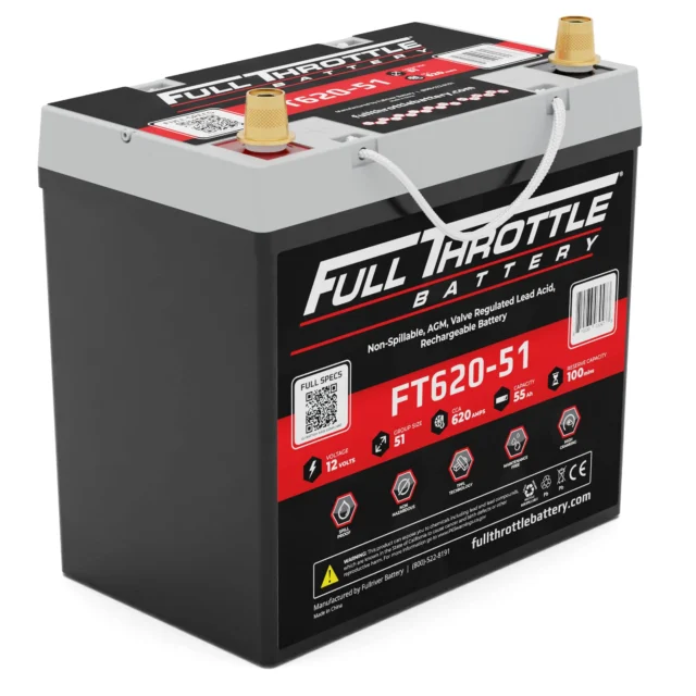 Full Throttle battery FT620-51 with red and black design, labeled with specifications for voltage, capacity, and dimensions. It features two terminals and a carrying handle.