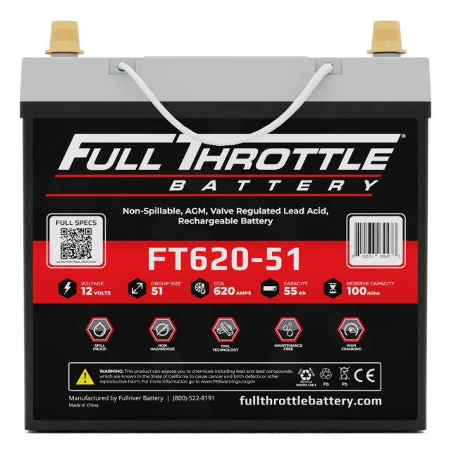 Image of a Full Throttle battery, model FT620-51. Features include 12 volts, 620 amps, 55 Ah capacity, and 100 minutes reserve capacity.