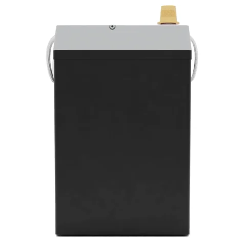 Rectangular black battery with a gray top and a yellow terminal on the upper right corner.