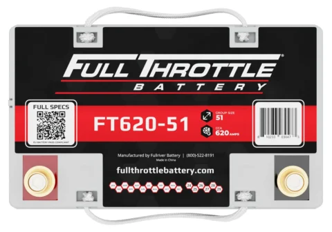 Battery top view showing brand "Full Throttle Battery" with model FT620-51, 620 amps. Includes QR code and customer service details.