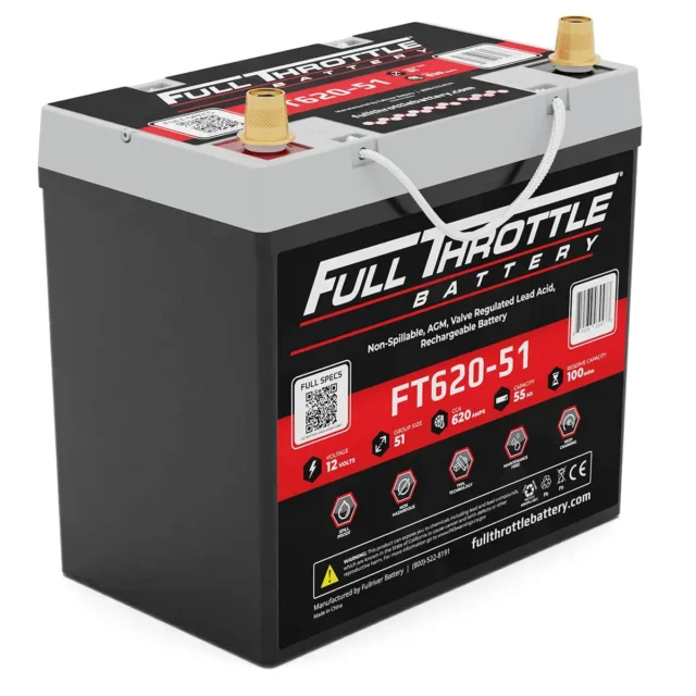 A Full Throttle Battery model FT620-51 with specifications printed on the front, featuring two terminals and a carrying handle.