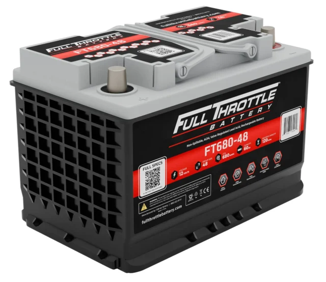 Car battery labeled "Full Throttle Battery FT680-48," featuring black, red, and gray design with technical specifications and safety symbols on the sides.