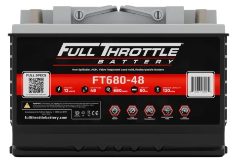 A Full Throttle FT680-48 battery, showing specifications: 12 volts, 48 Ah capacity, 680 amps CCA, 60-minute reserve, non-spillable, rechargeable lead acid.