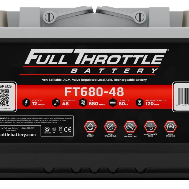 A Full Throttle FT680-48 battery, showing specifications: 12 volts, 48 Ah capacity, 680 amps CCA, 60-minute reserve, non-spillable, rechargeable lead acid.