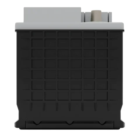 A black and gray rectangular battery with a grid pattern on the front and a knob at the top.