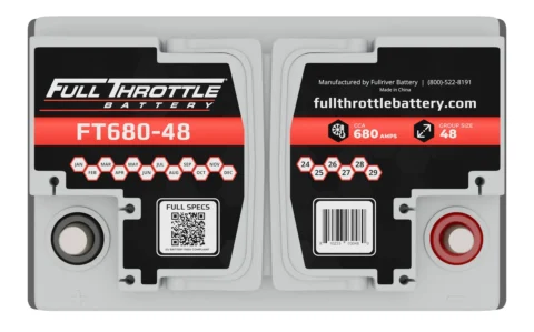 Close-up of a Full Throttle FT680-48 battery label displaying specs: 680 CCA, group size 48, with a QR code for full specs, and contact information.