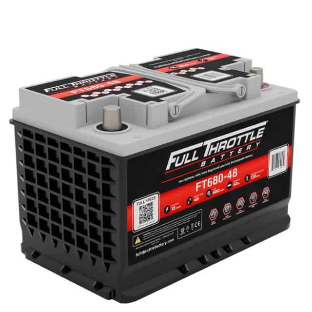 A rectangular car battery with a black base and gray top, featuring red and white branding labeled "Full Throttle Battery FT680-48".