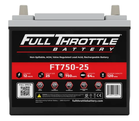 Image of a Full Throttle battery, model FT750-25. Features include 12 volts, 25 group size, 750 CCA, 64 Ah capacity, and 120 mins reserve capacity.