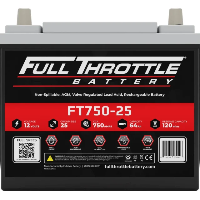 Image of a Full Throttle battery, model FT750-25. Features include 12 volts, 25 group size, 750 CCA, 64 Ah capacity, and 120 mins reserve capacity.