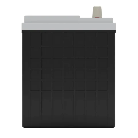 A black rectangular battery with a grid pattern on the front and a white top, featuring a red and gray terminal.