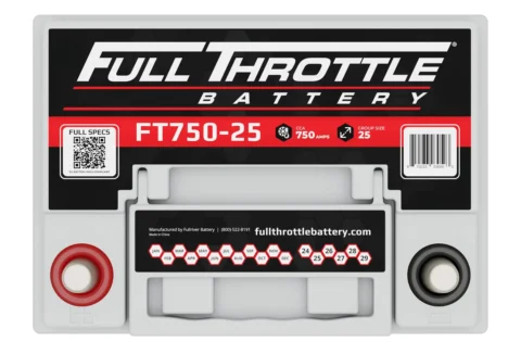 A Full Throttle battery model FT750-25. Features a QR code, CCA 750 amps, and group size 25. Includes contact info and website on the label.