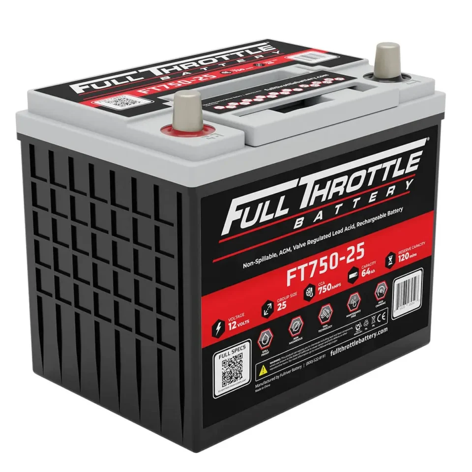 Full Throttle battery, model FT750-25, 12 volts, 25 amp hours, 750 CCA, black and red design, with positive and negative terminals on top.