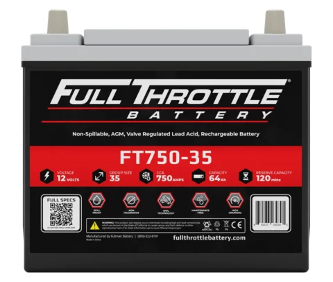 Full Throttle Battery model FT750-35, 12 volts, group size 35, 750 CCA, 64 Ah capacity, 120 min reserve, AGM, rechargeable.