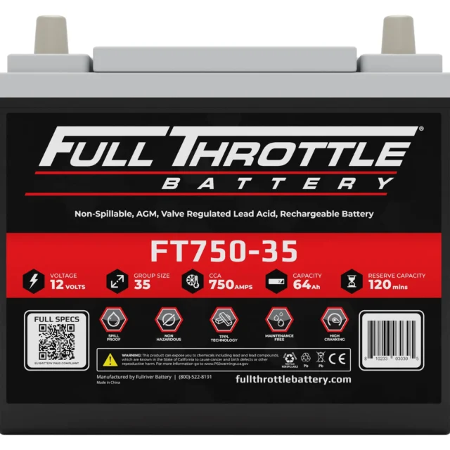 Full Throttle Battery model FT750-35, 12 volts, group size 35, 750 CCA, 64 Ah capacity, 120 min reserve, AGM, rechargeable.