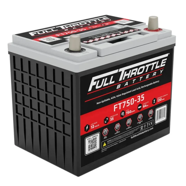 A rectangular black and red battery labeled "Full Throttle Battery FT750-35," with two terminals on top and specifications displayed on the front.