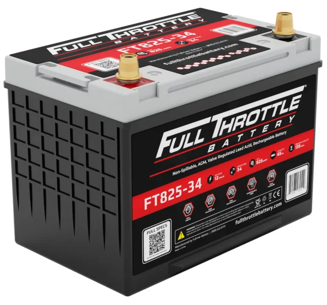 Full Throttle battery FT825-34, black with red and white label, showing specifications and QR code on the front. Two terminals are on top.