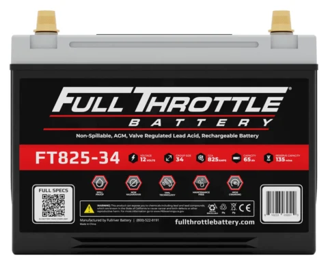 A Full Throttle FT825-34 rechargeable battery with 12 volts and 825 amps, featuring safety and lifespan icons, against a white background.