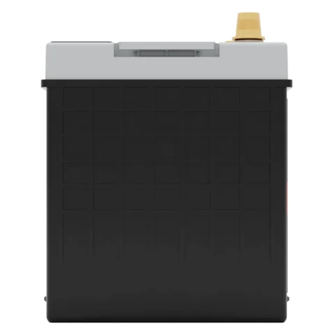 A black rectangular battery with a grid pattern on the front and a gold terminal on top.