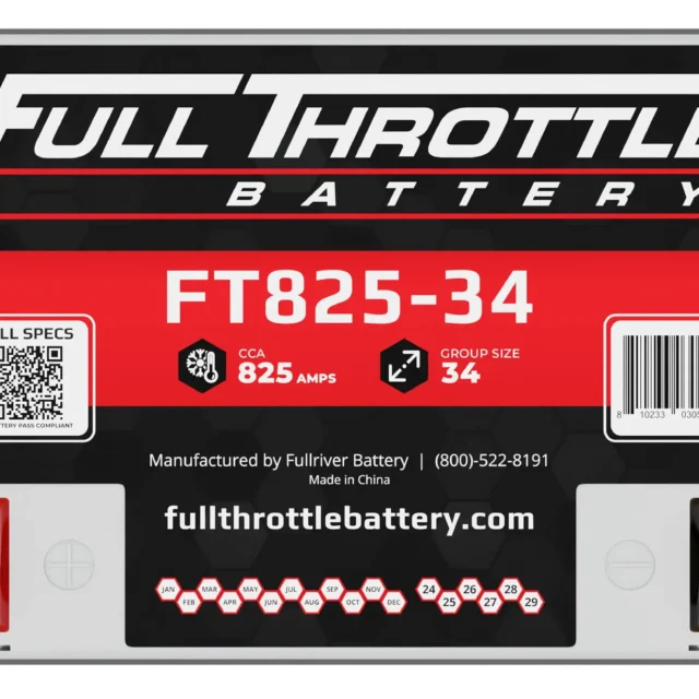 Car battery labeled "Full Throttle Battery FT825-34" with specifications: 825 CCA, Group Size 34. Contact info and QR code visible.