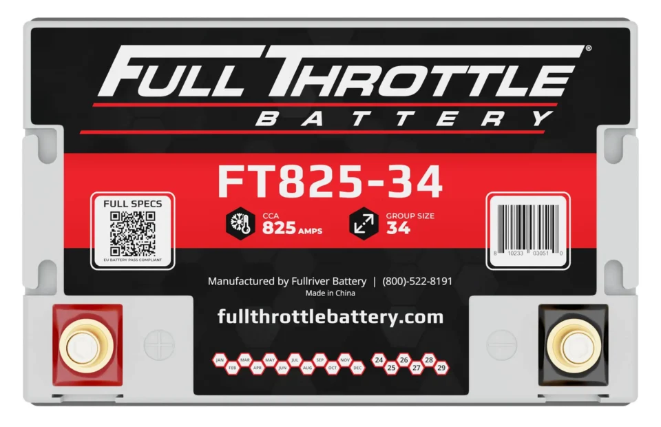 Car battery labeled "Full Throttle Battery FT825-34" with specifications: 825 CCA, Group Size 34. Contact info and QR code visible.