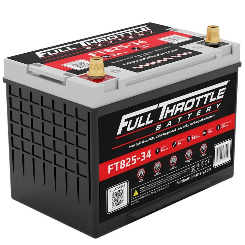 A Full Throttle battery labeled FT825-34, featuring specifications and branding on the side, with two gold terminals on top.