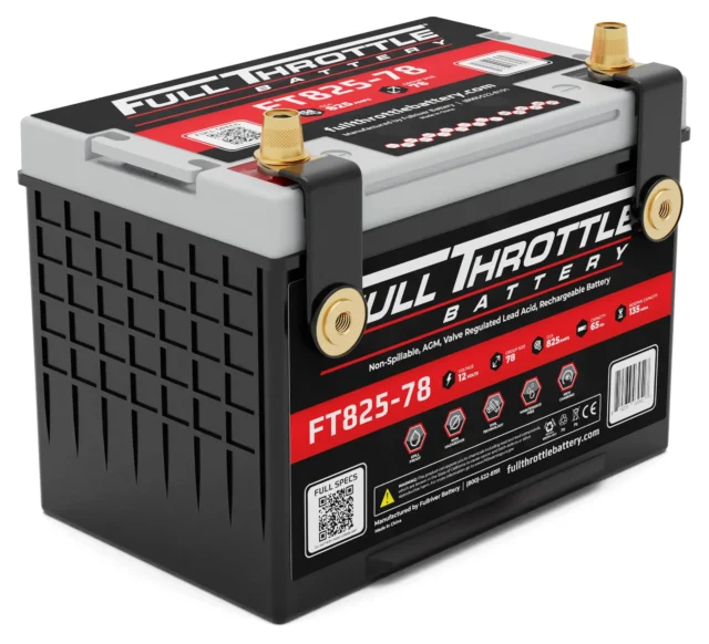 Black Full Throttle FT825-78 battery with red and white labeling, featuring gold terminals and specifications listed on the front.